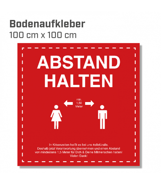 Abstand halten - Bodenaufkleber eckig 100x100 INDOOR / OUTDOOR - Rot 